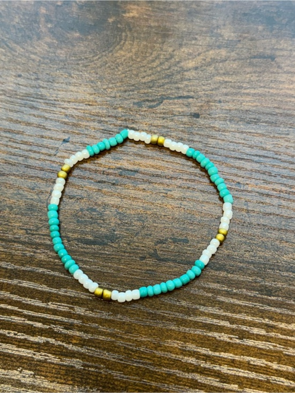 Fashion Jewelry Turquoise, White & Gold Seed Bead Stretch Bracelet